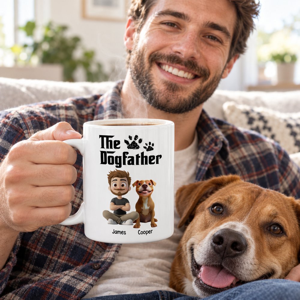 Dog dad holding personalized The Dogfather ceramic mug with steaming coffee next to his dog