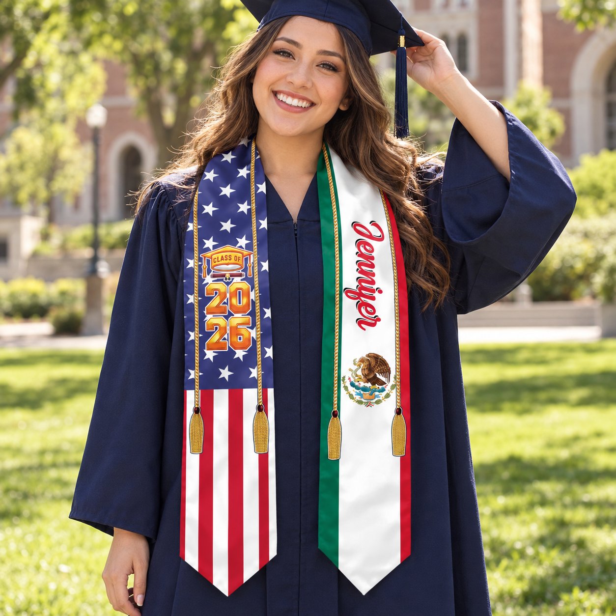 Personalized Country Flag Class of 2026 graduation stole worn over gown on campus