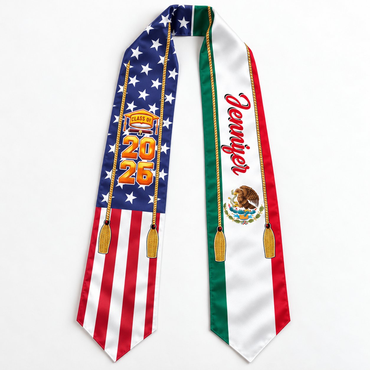 Close-up of smooth polyester fabric and vibrant flag print on Class of 2026 graduation sash