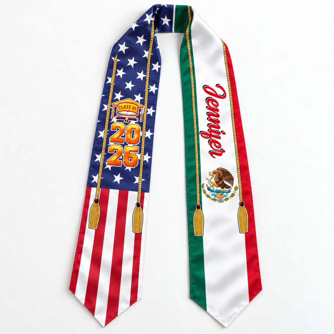Close-up of smooth polyester fabric and vibrant flag print on Class of 2026 graduation sash
