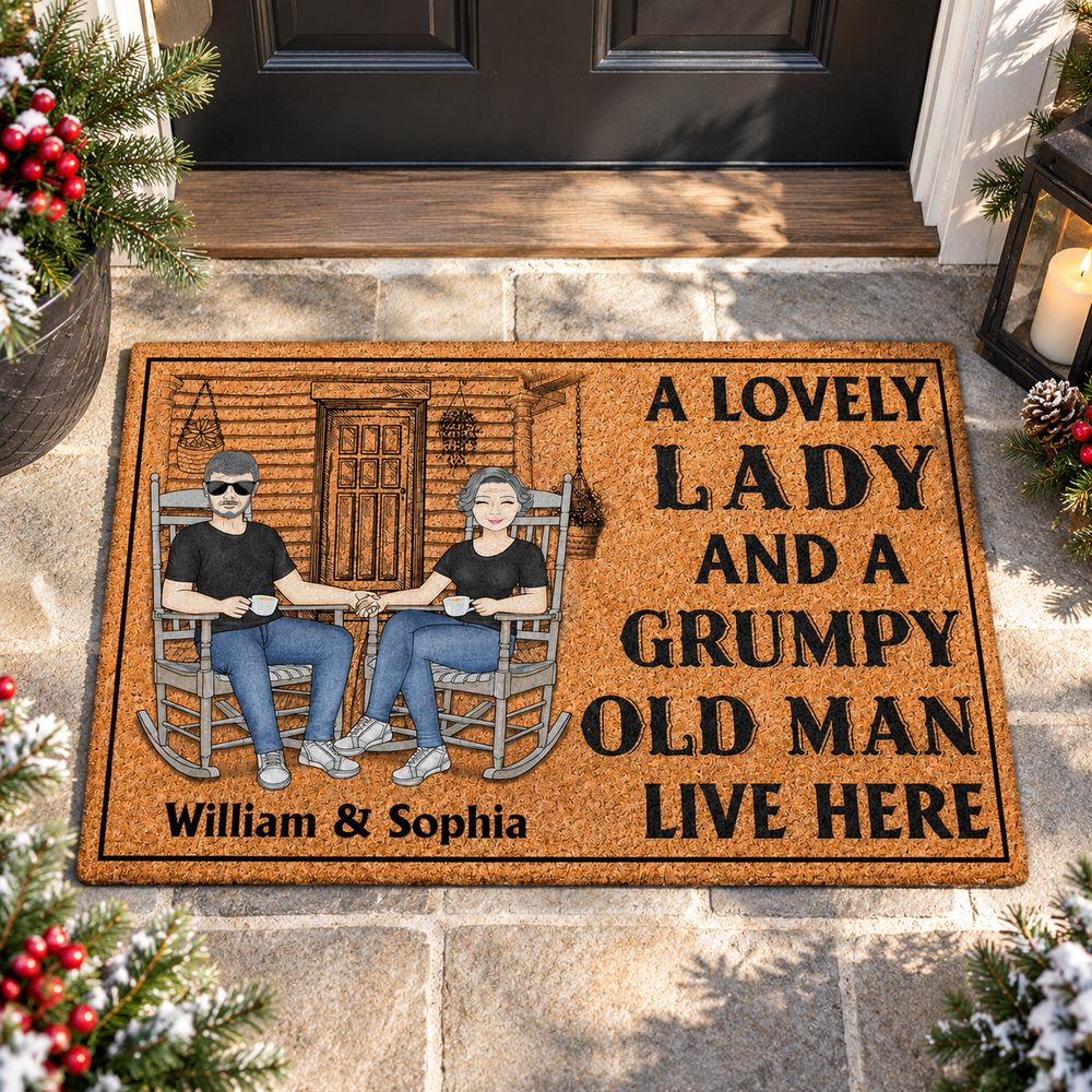 Personalized Lovely Lady and Grumpy Old Man doormat on a festive holiday front porch