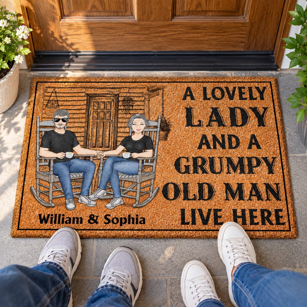 Older couple stepping onto their personalized Lovely Lady and Grumpy Old Man doormat
