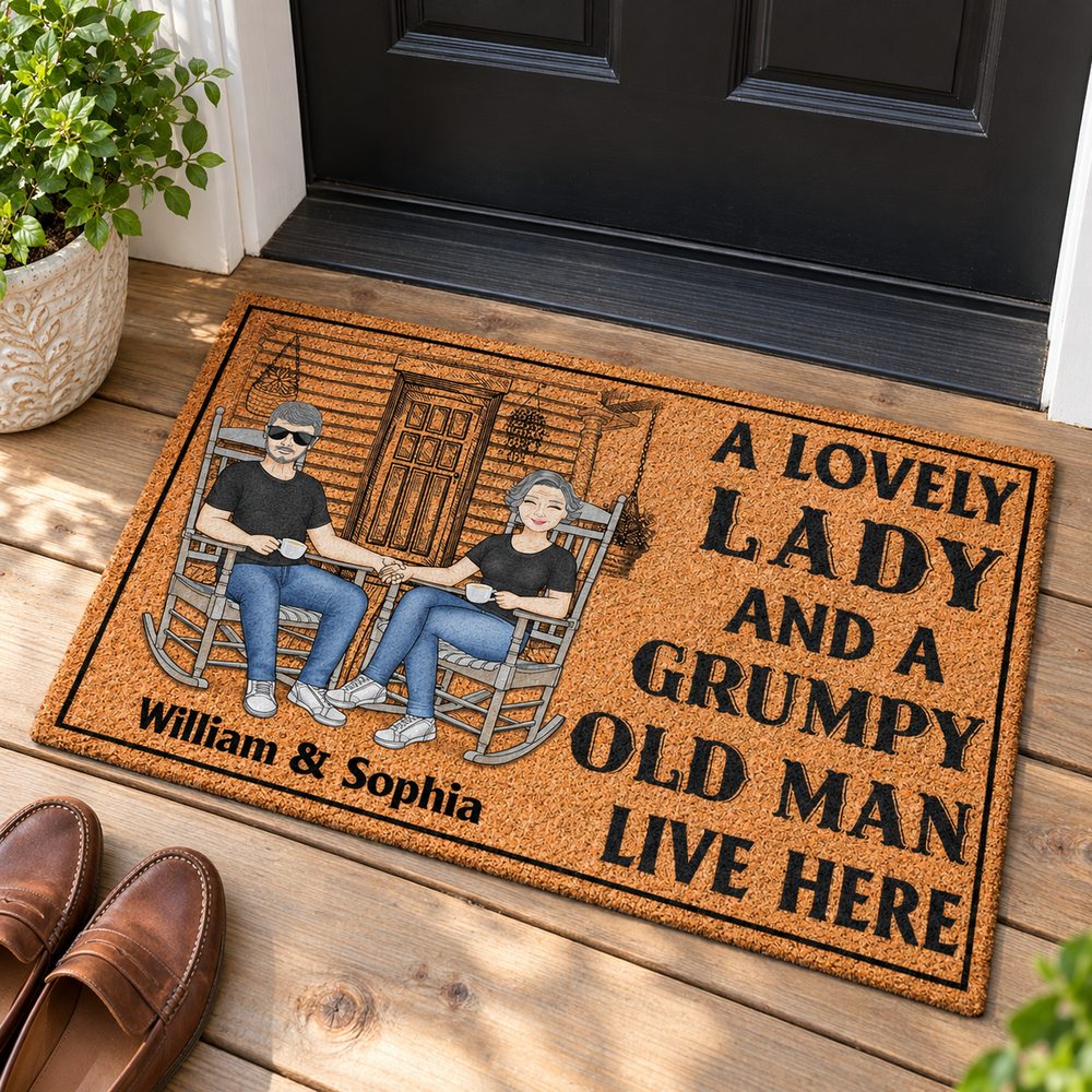 Personalized couple doormat next to adult shoes showing real size at entryway