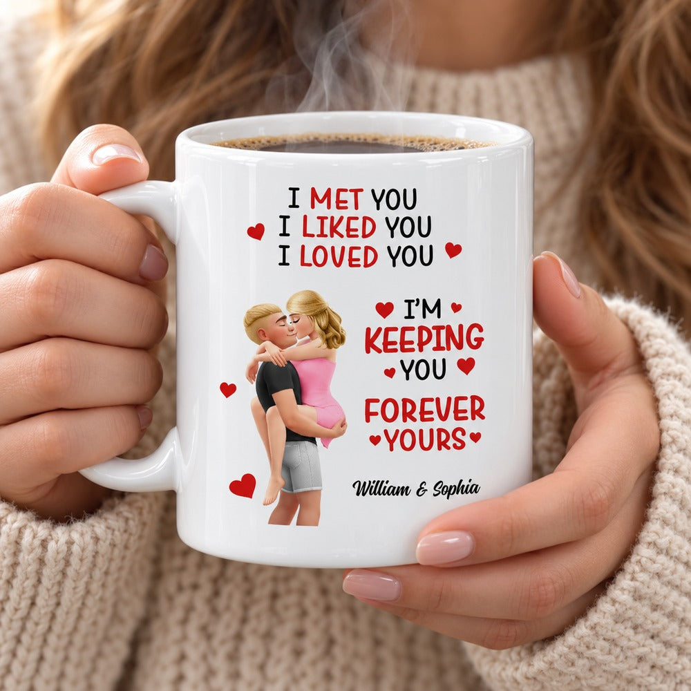 Woman holding steaming personalized couple mug with I Met You quote and illustration