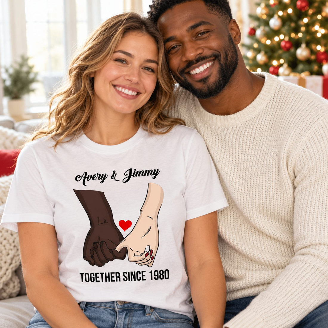 Personalized couple hand t-shirt worn in a bright holiday living room