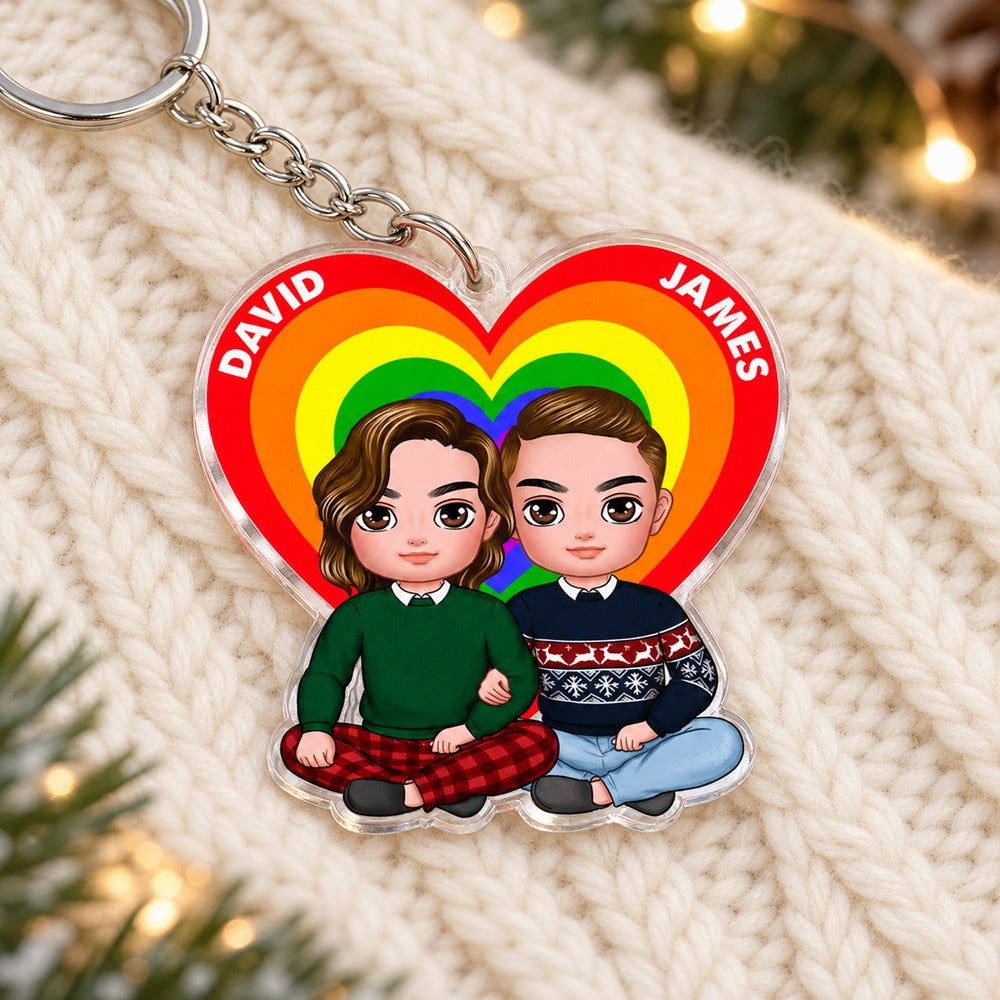 Couple Heart Pride Month personalized acrylic keychain DAVID and JAMES variant on cozy knit fabric