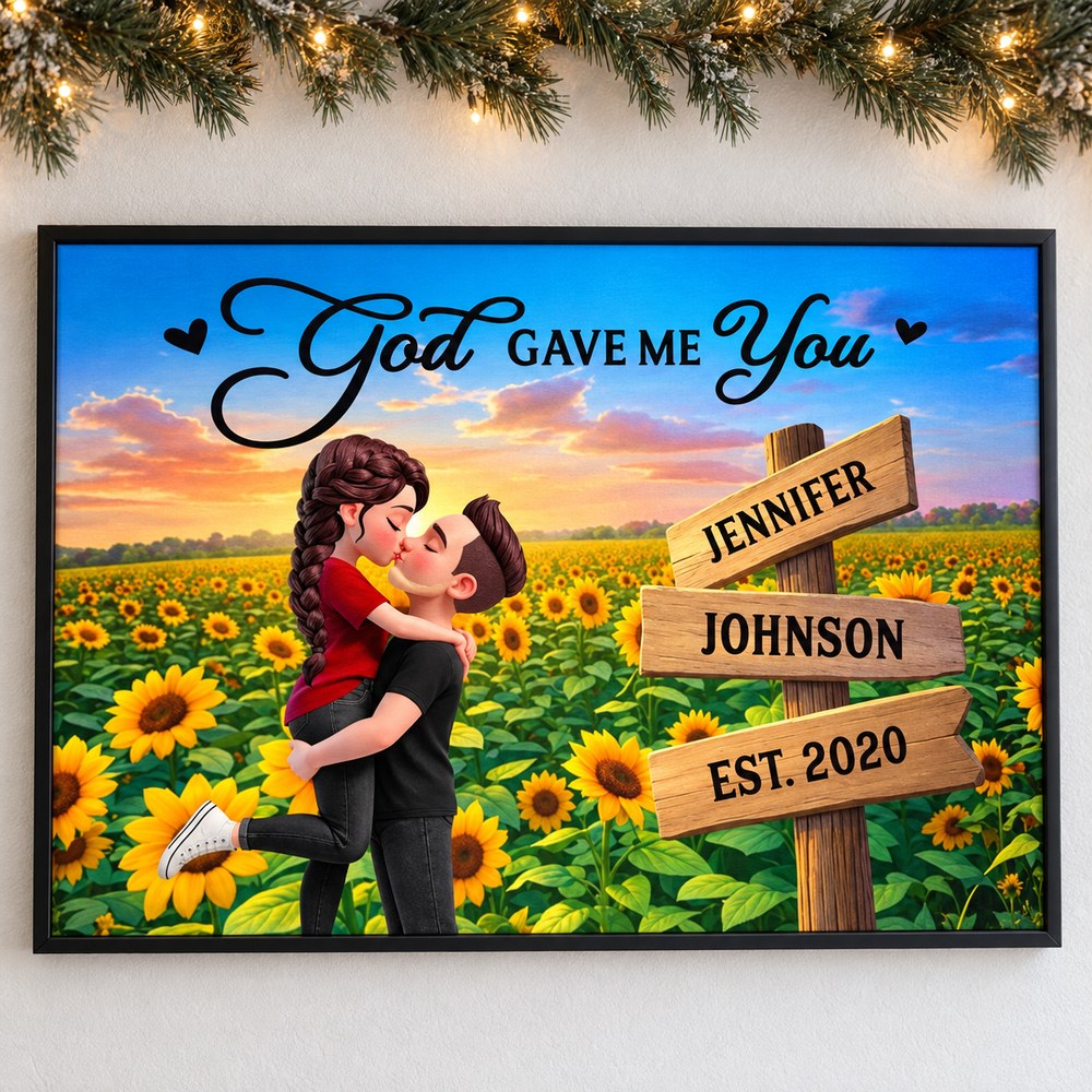 Personalized couple sunflower poster hanging on wall with holiday garland and lights