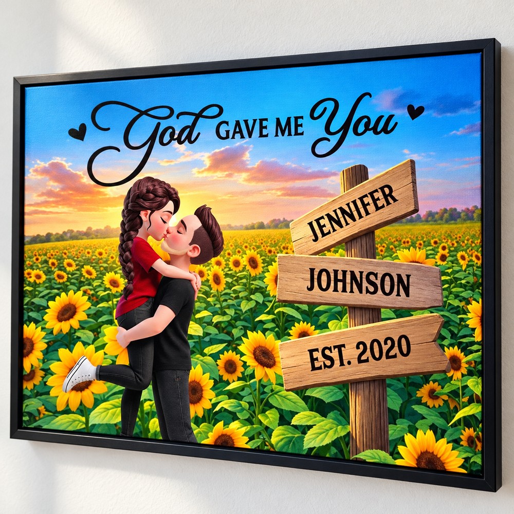 Close up detail of personalized names on couple sunflower field print