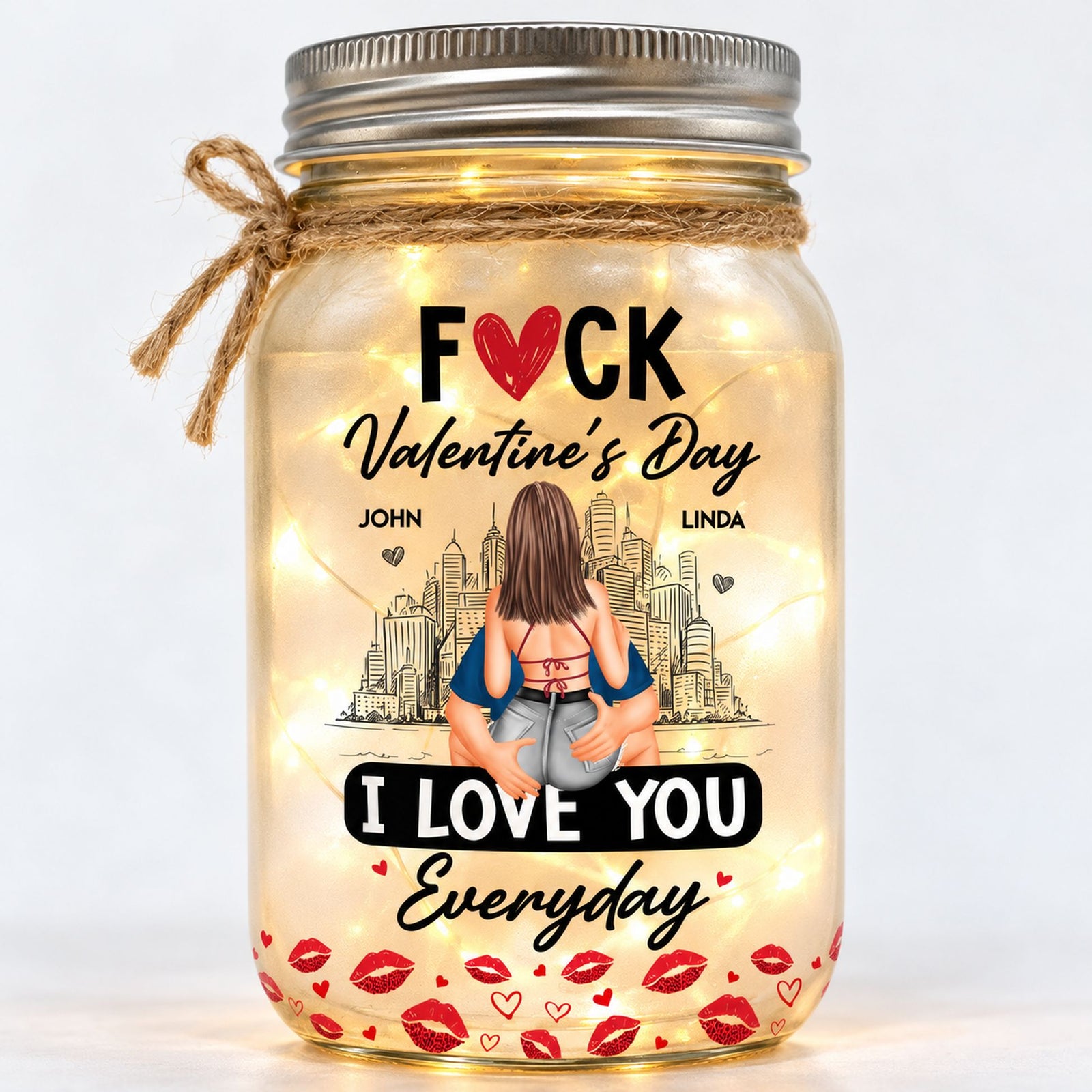 Close-up detail of the UV print and glowing starlight texture on the glass mason jar light
