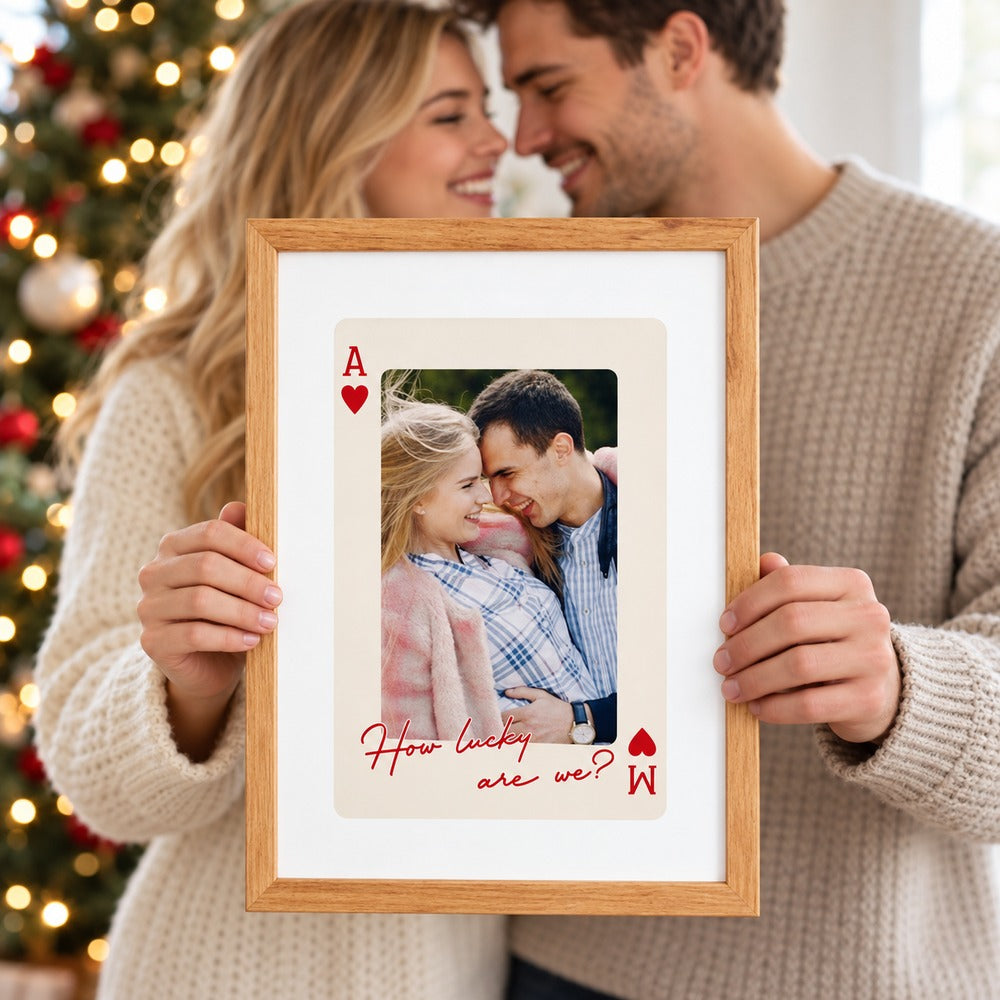Happy couple holding personalized How Lucky Are We playing card framed poster gift