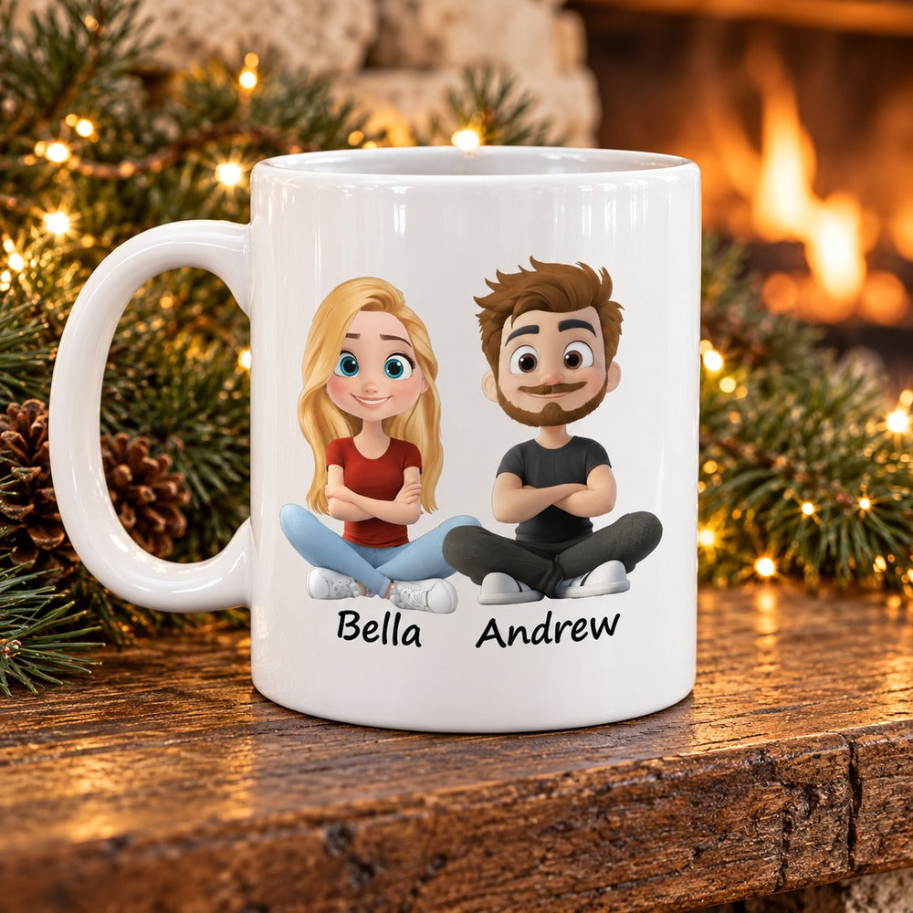 Personalized couple mug with Bella and Andrew cartoon design on a festive mantel with pine garland