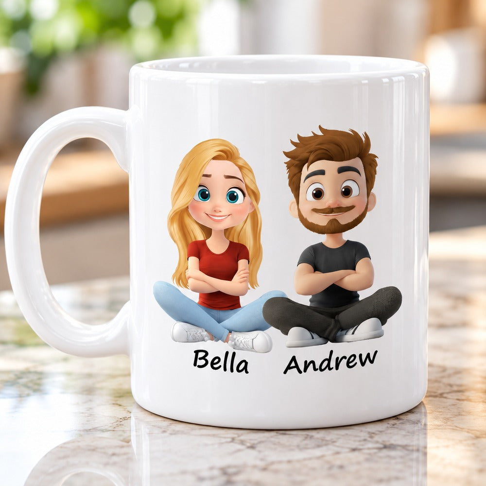 Close-up detail of glossy ceramic mug showing custom 3D cartoon couple print and names Bella and Andrew