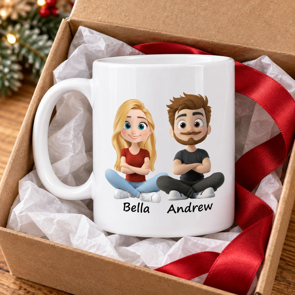 Personalized couple coffee mug in an open gift box with tissue paper and red ribbon