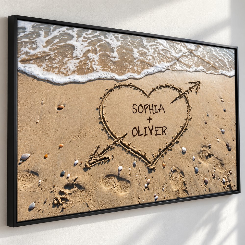 Close up detail of Couple Names Heart in Sand personalized print and black frame