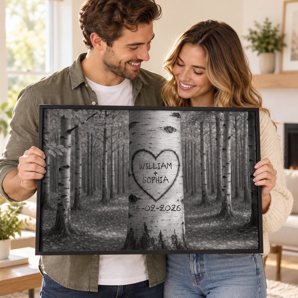 Happy couple holding their personalized birch tree heart carving canvas print