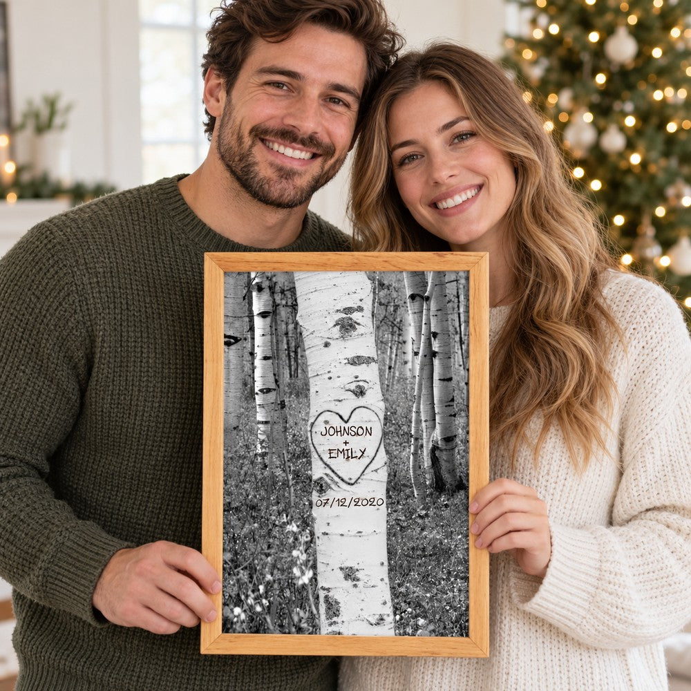 Happy couple holding personalized birch tree carving framed poster gift