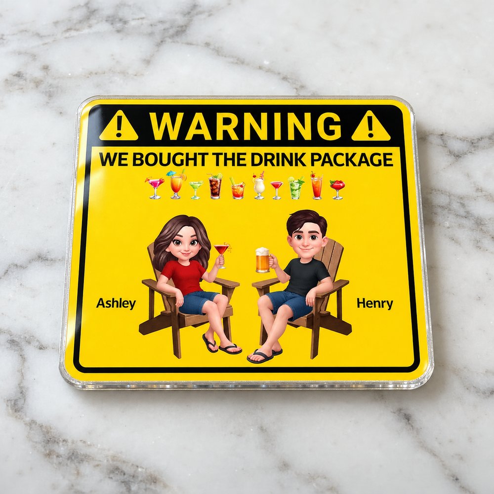 Close up detail of glossy finish and crisp print on personalized couple drink package acrylic magnet
