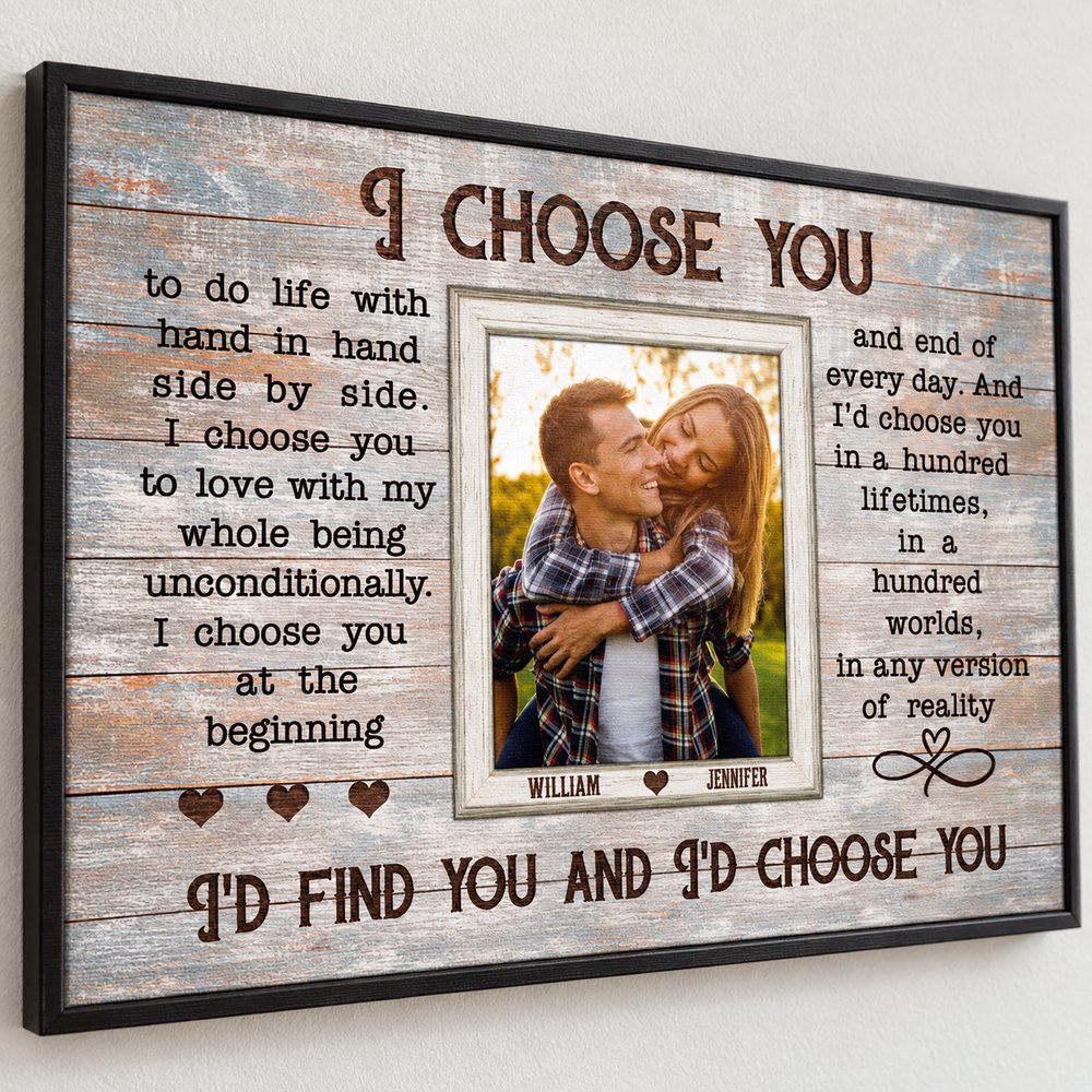 Close up detail of canvas texture and custom names on the I Choose You couple wall art