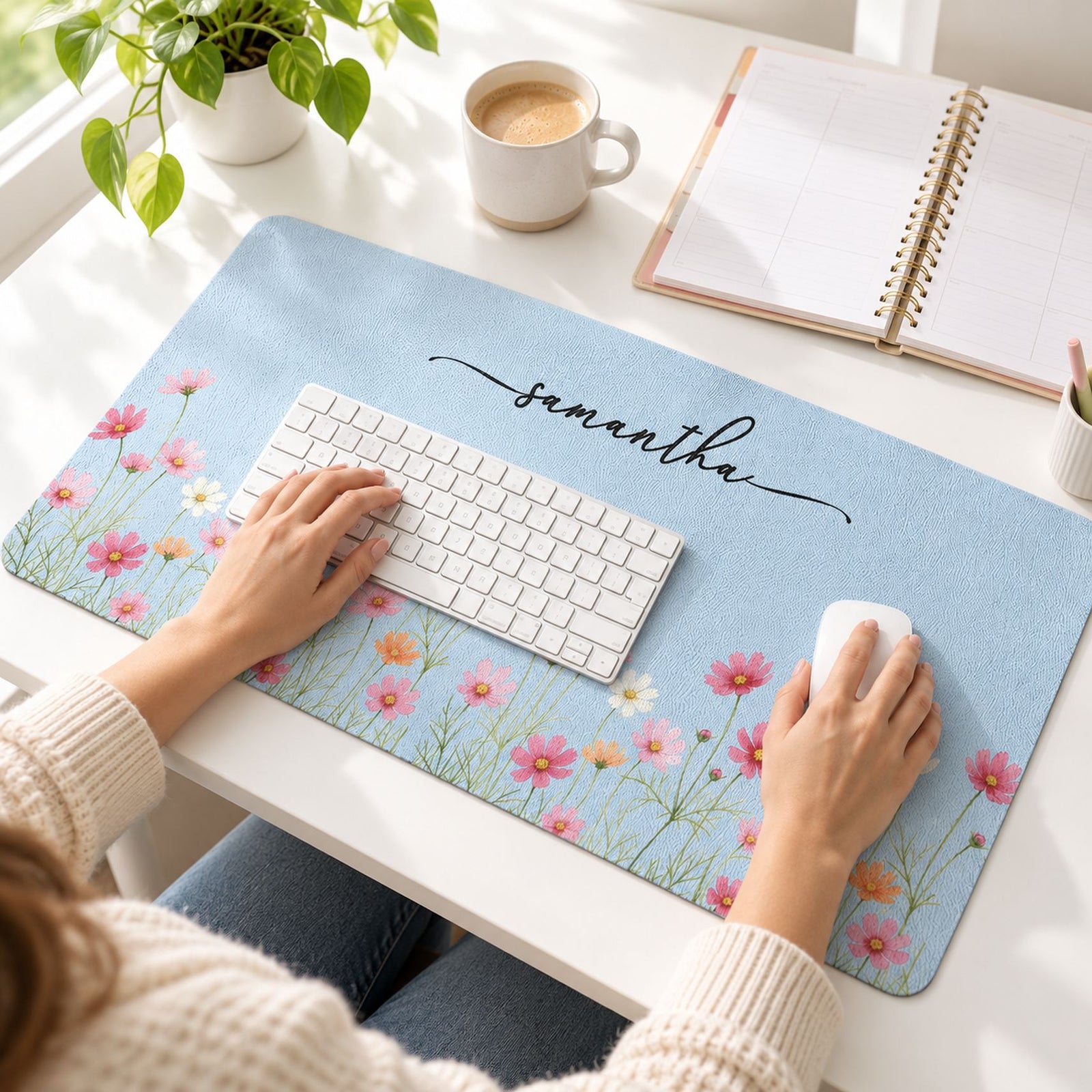 Custom birth flower personalized desk mat in use on a desk with a keyboard and mouse