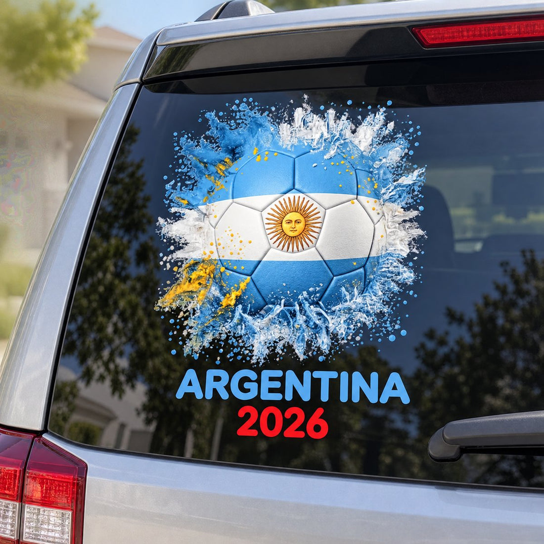 Custom country flag soccer decal Argentina 2026 applied on a family SUV rear window