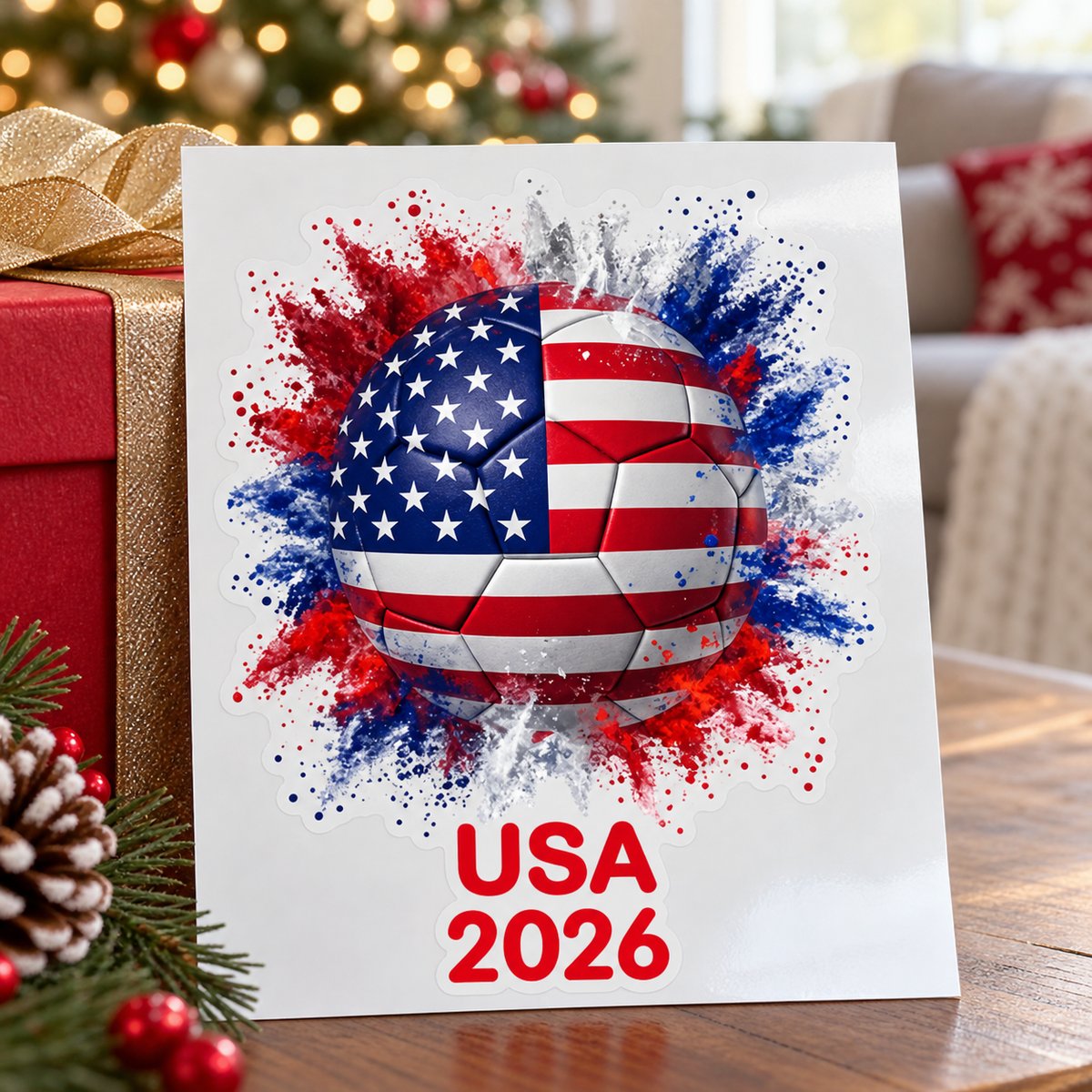Personalized USA 2026 soccer decal sheet next to a Christmas gift box by the tree