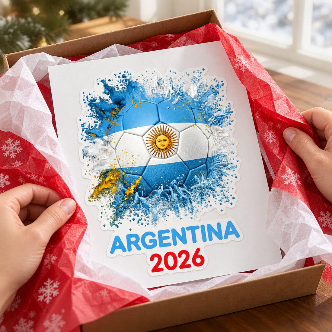 Hands unwrapping a personalized Argentina 2026 soccer decal from a holiday gift box