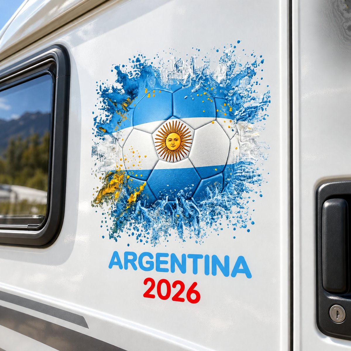 Custom Argentina 2026 soccer ball decal displayed on the side of a white camper van
