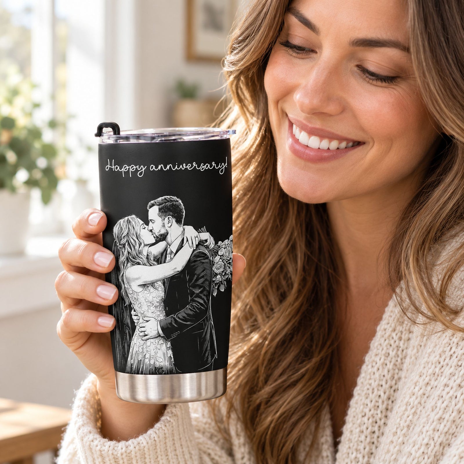 Woman holding personalized couple line art 20oz fat tumbler in a cozy bright room