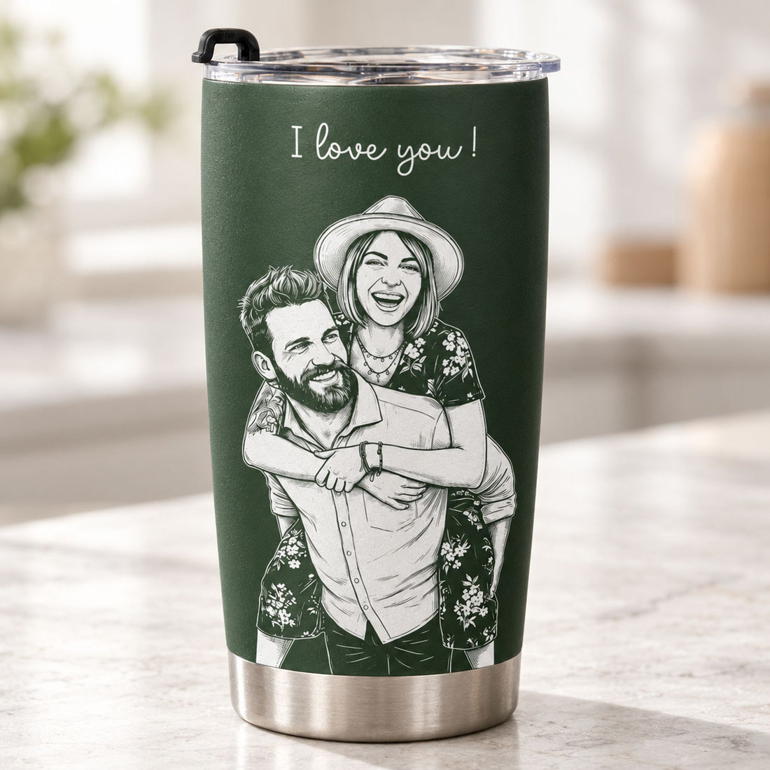 Close up detail of custom couple photo sketch print and stainless steel base on 20oz tumbler