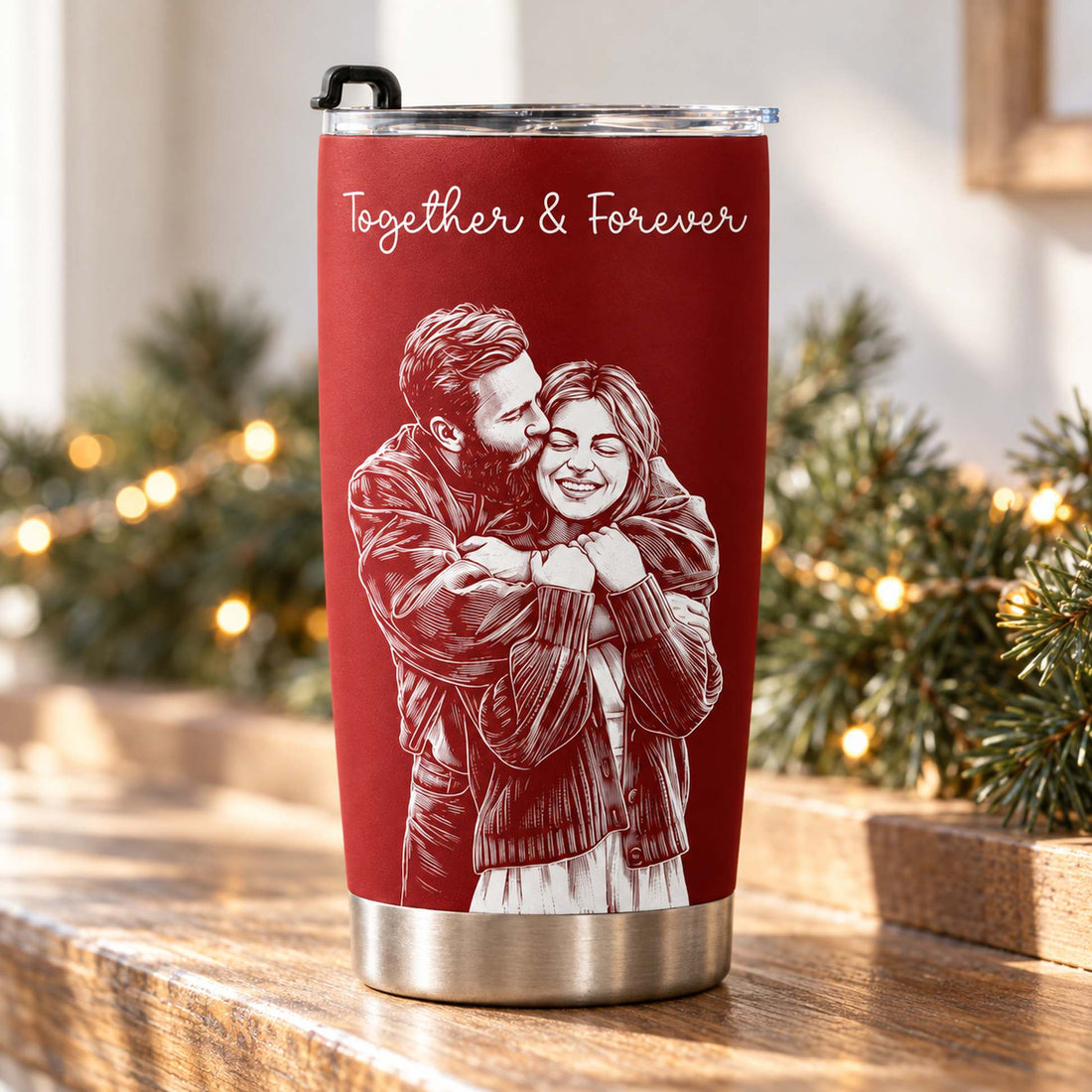 Custom couple sketch line art 20oz fat tumbler in dark red on a holiday mantel with pine garland