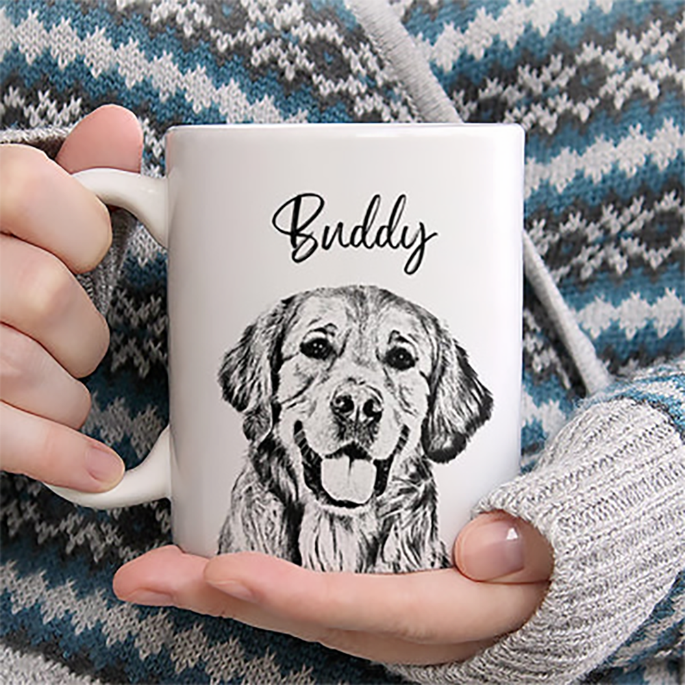 Custom Photo Cat Portrait Pencil Drawing - Personalized Custom Mug - Gift For Cat Lovers, Pet Lovers, Cat Mom, Cat Dad