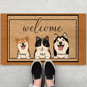 Custom Family Pet Welcome Doormat - Personalized Doormat - Birthday, Housewarming, Funny Gift for Homeowners, Friends, Dog Mom, Dog Dad, Dog Lovers, Pet Gifts for Him, Her - Suzitee Store