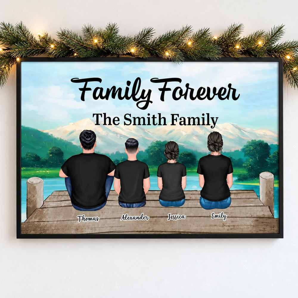 Personalized family sitting poster hanging on wall with holiday garland and fairy lights
