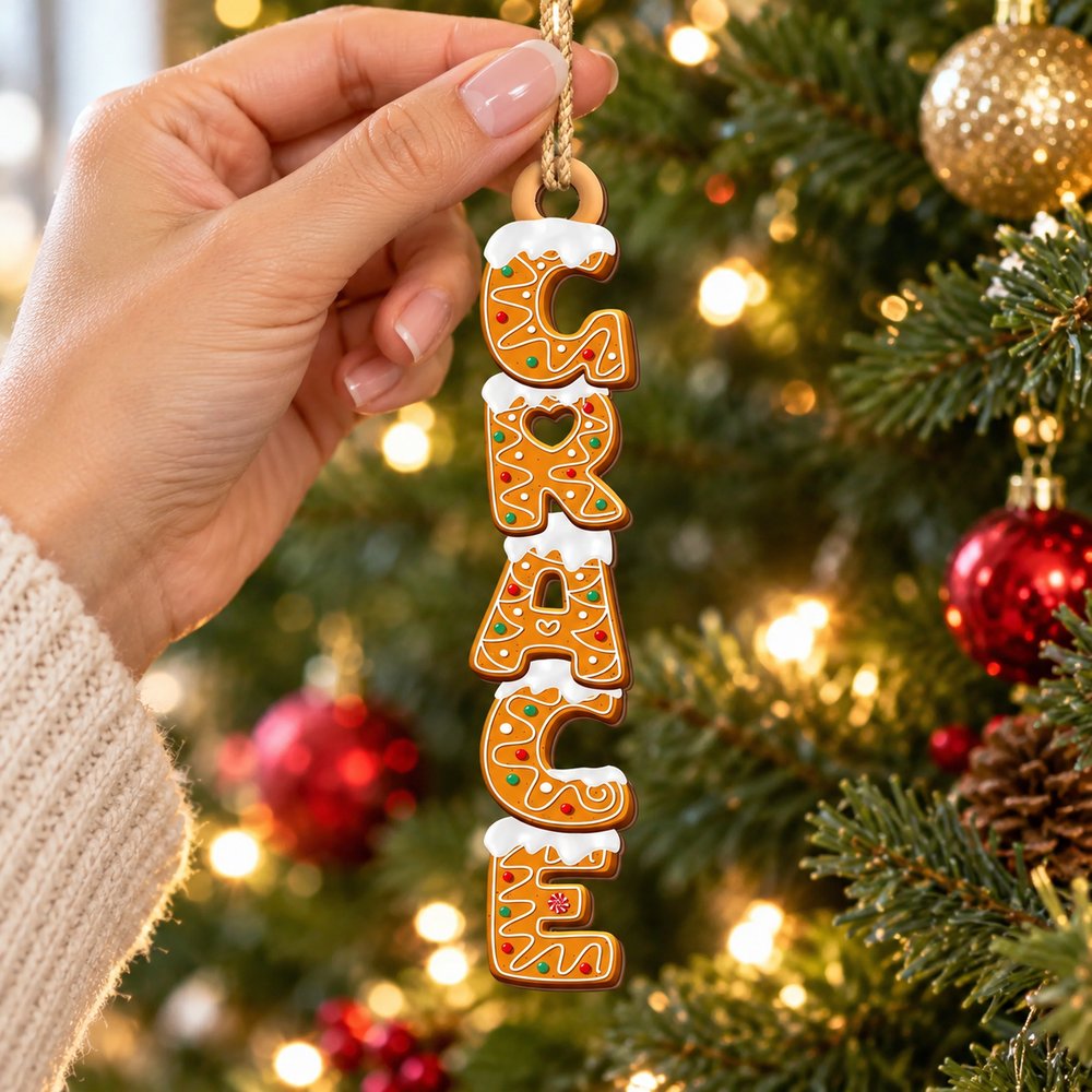 Hand holding custom gingerbread letter wood ornament to show 4 inch scale