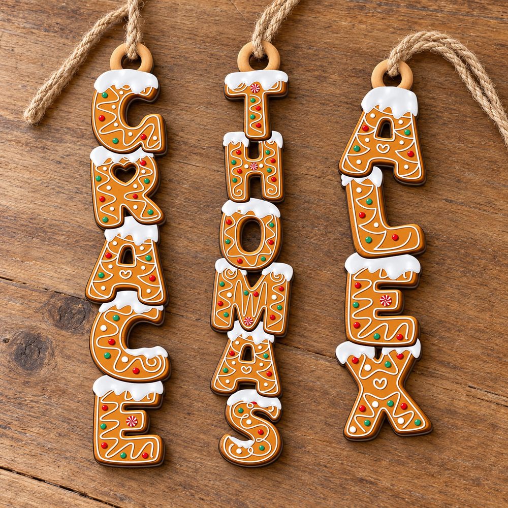 Close up detail of personalized gingerbread letter wood ornament print and edge