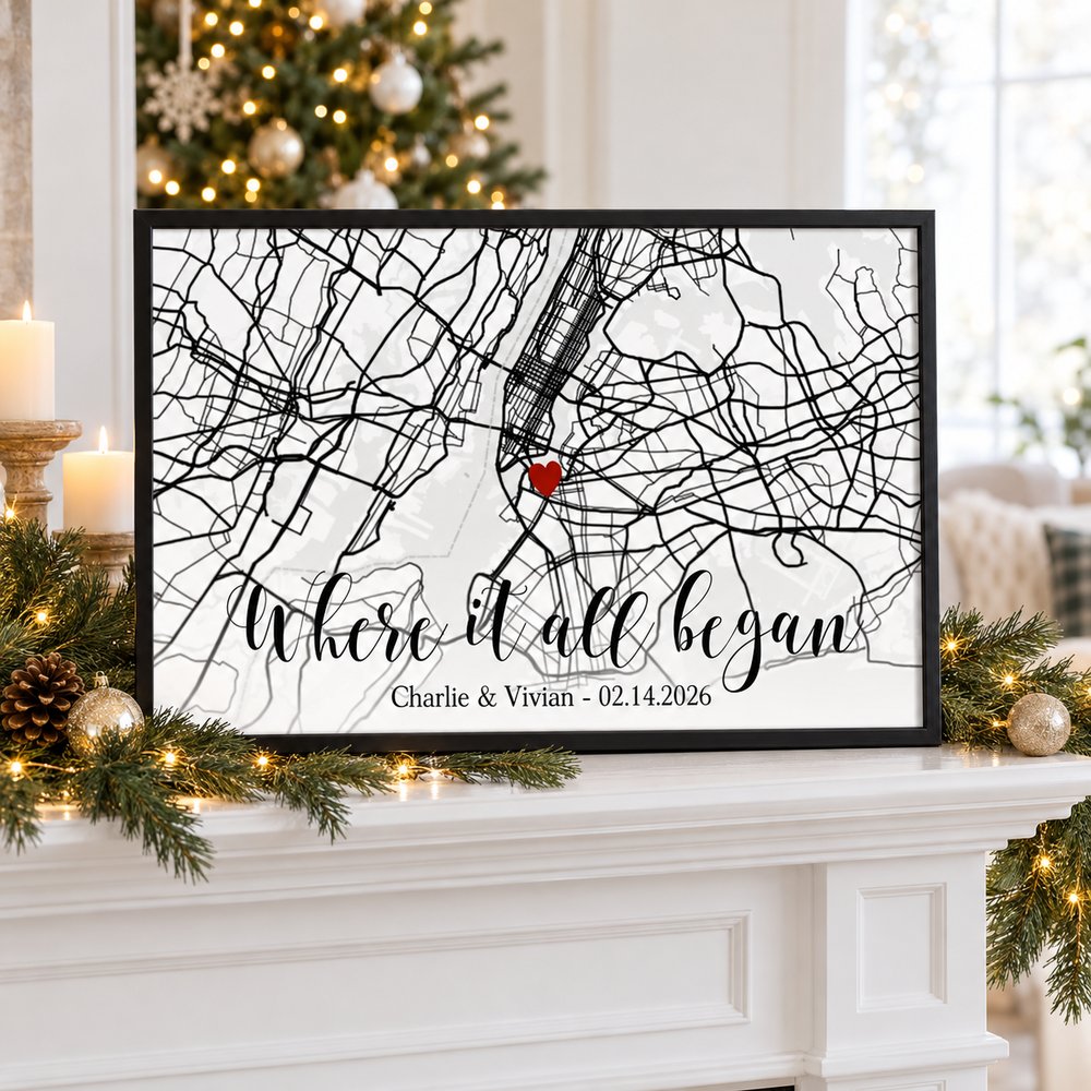 Custom Map Couple Where It All Began framed print on a holiday mantel with pine garland