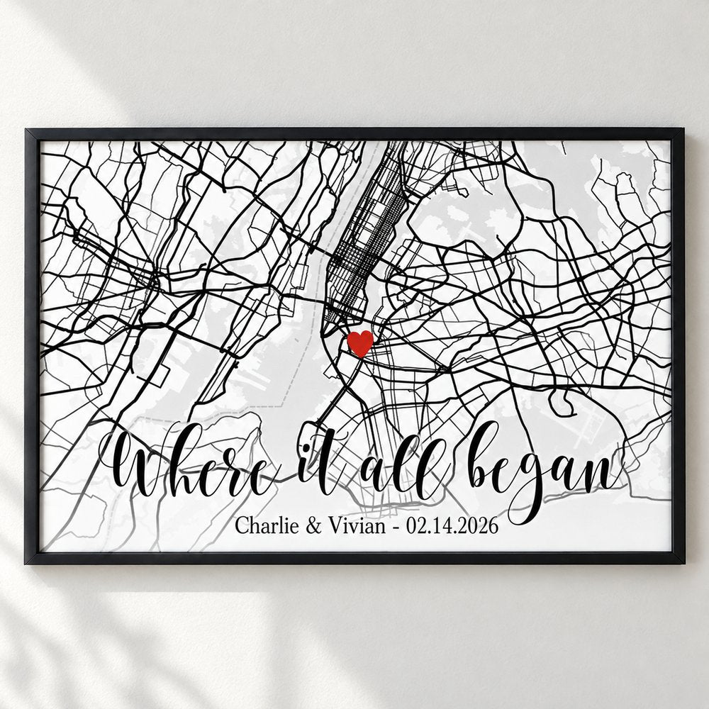 Close up detail of Custom Map Couple print showing red heart pin and crisp map lines