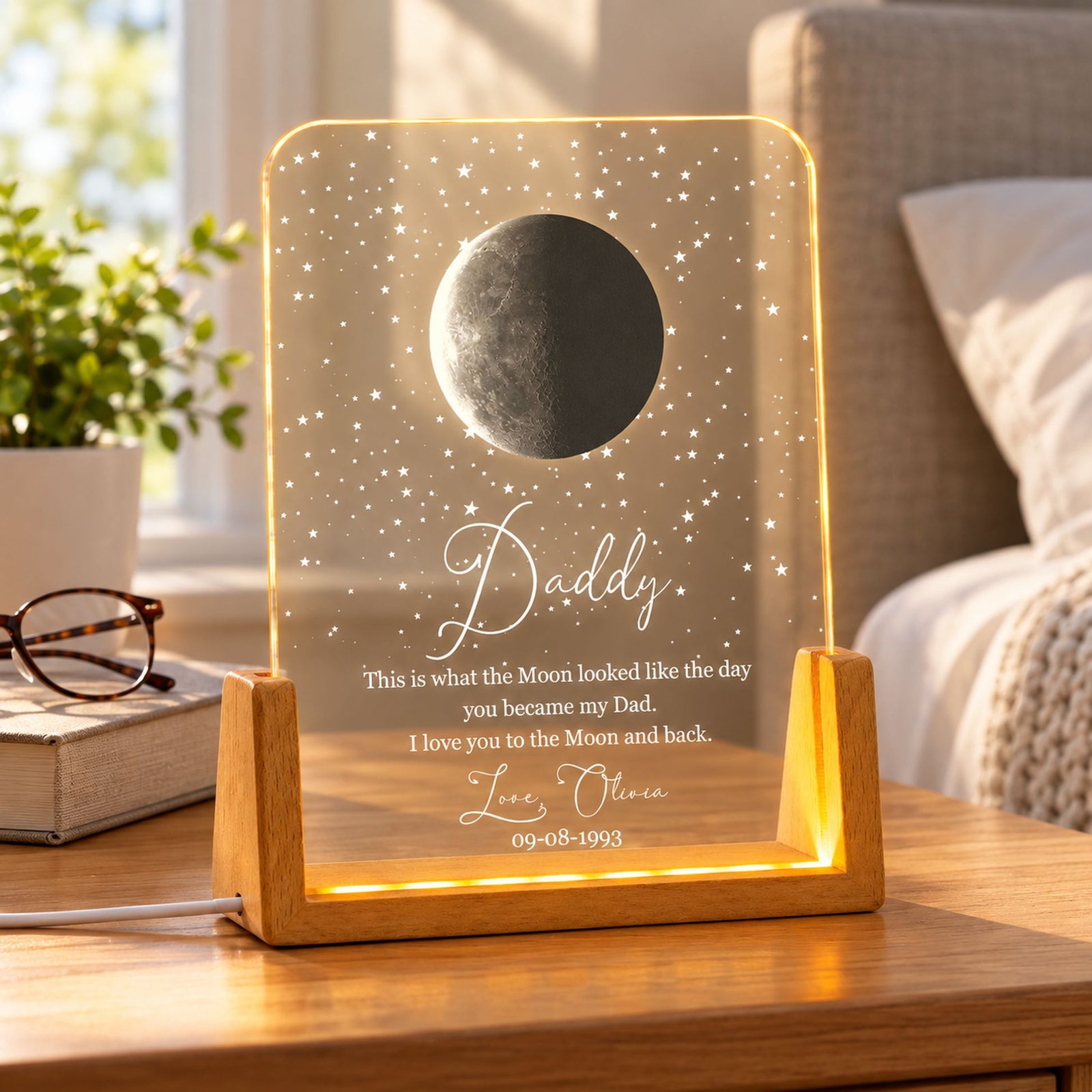 Personalized The Day You Became My Dad 3D LED Lamp glowing on a bedroom nightstand