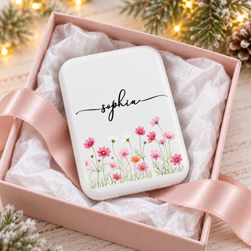 Personalized LED Pocket Mirror with birth flower and name in a gift box with ribbon