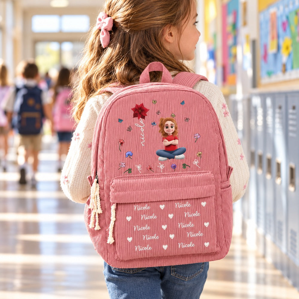 Young girl wearing personalized pink Nicole corduroy backpack with birth flower cartoon