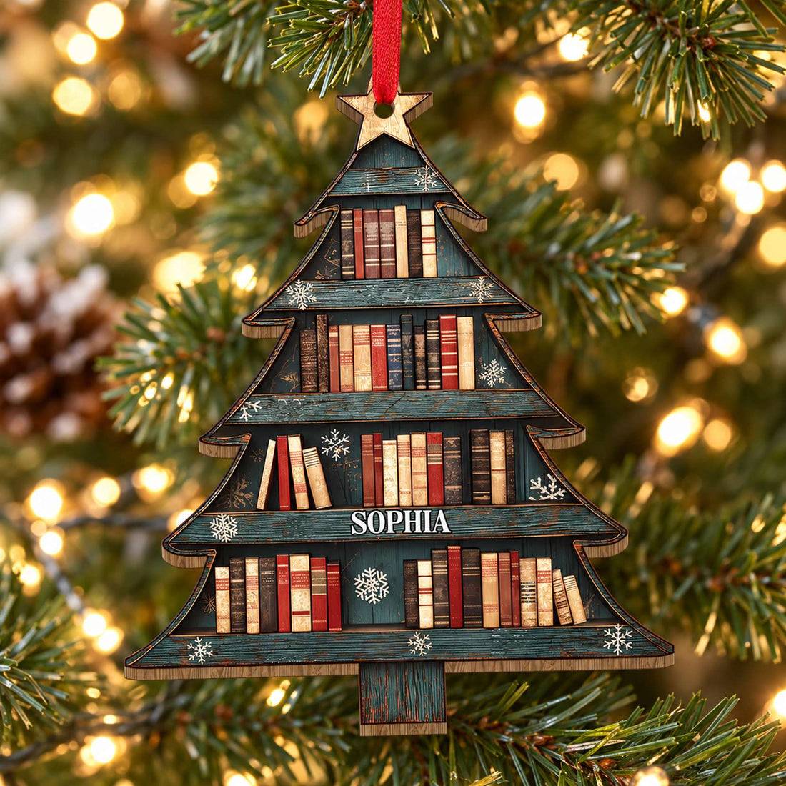 Custom Name Christmas Book Tree wood ornament SOPHIA hanging on a bright Christmas tree branch