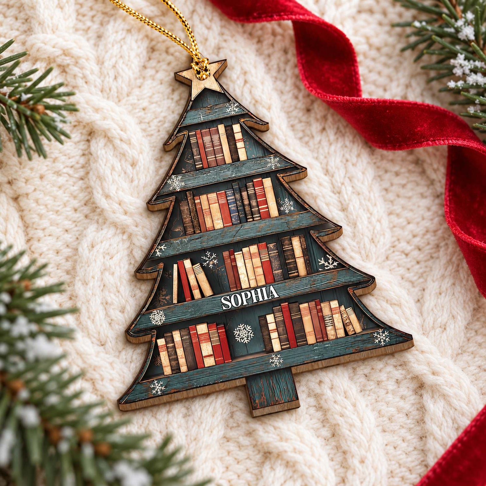 Personalized book tree wood ornament lying flat on a cream knit surface with pine greenery