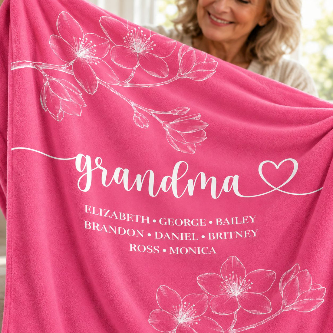 Close up detail of soft pink fleece texture and white print on personalized Grandma blanket