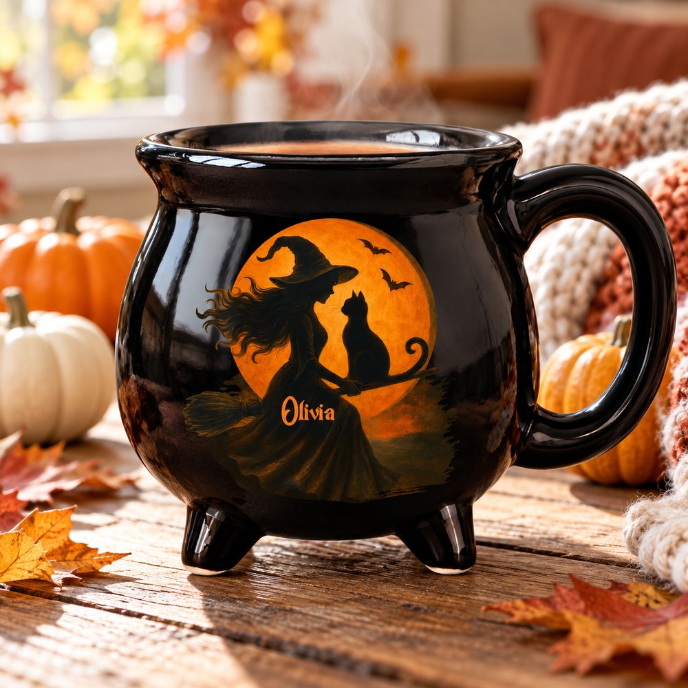 Personalized black ceramic cauldron mug with witch and cat print on an autumn table with mini pumpkins