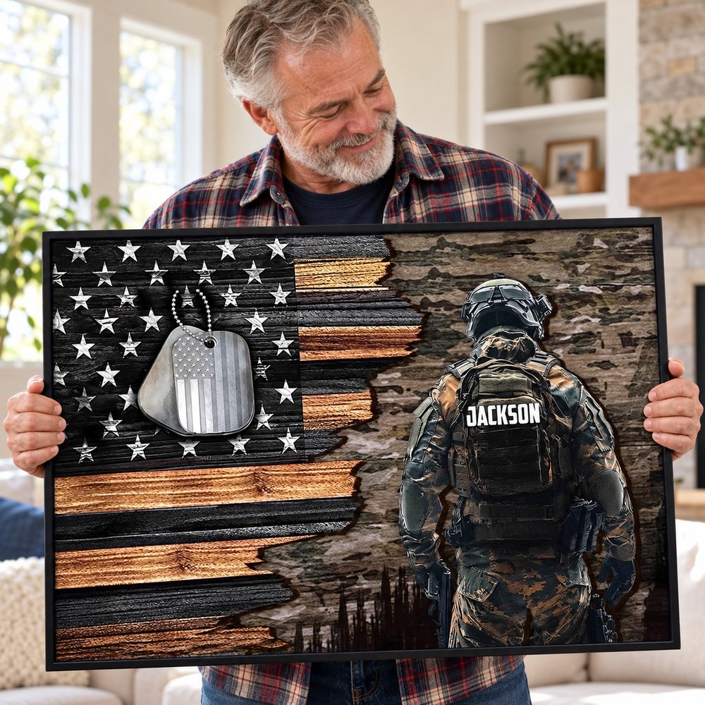 Veteran grandpa holding personalized military American flag canvas print with custom name
