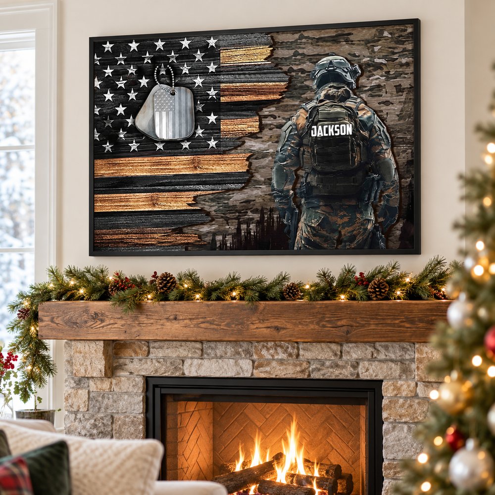 Custom name military flag canvas wall art displayed above a holiday fireplace mantel