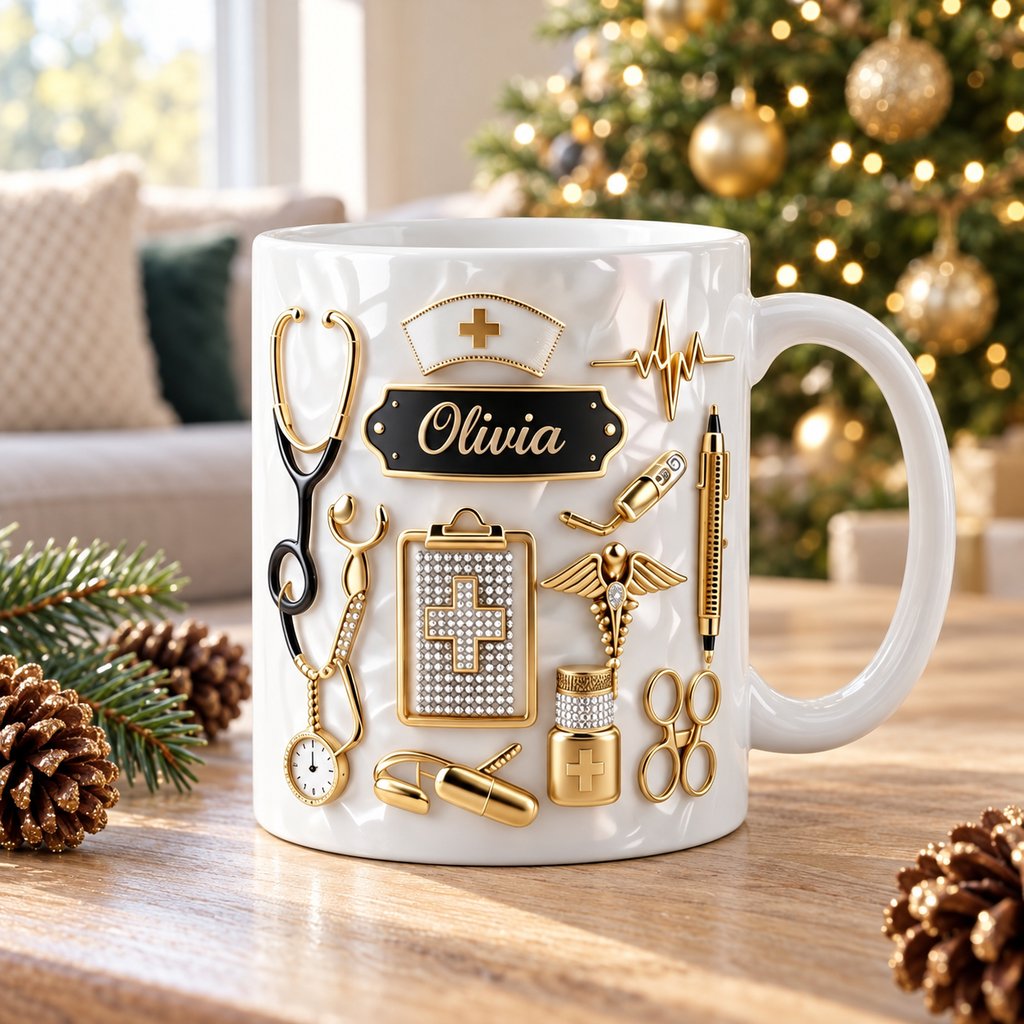 Custom Name Nurse 3D Effect white ceramic mug on table by Christmas tree