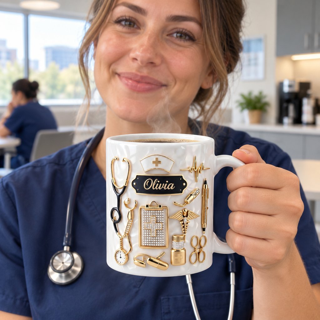 Nurse holding steaming personalized Olivia 3D effect medical icons ceramic mug