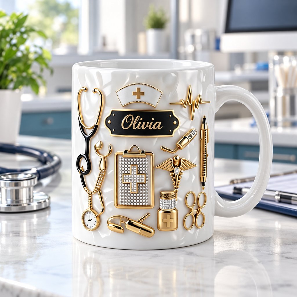 Close-up of glossy ceramic print detail on custom nurse 3D effect mug