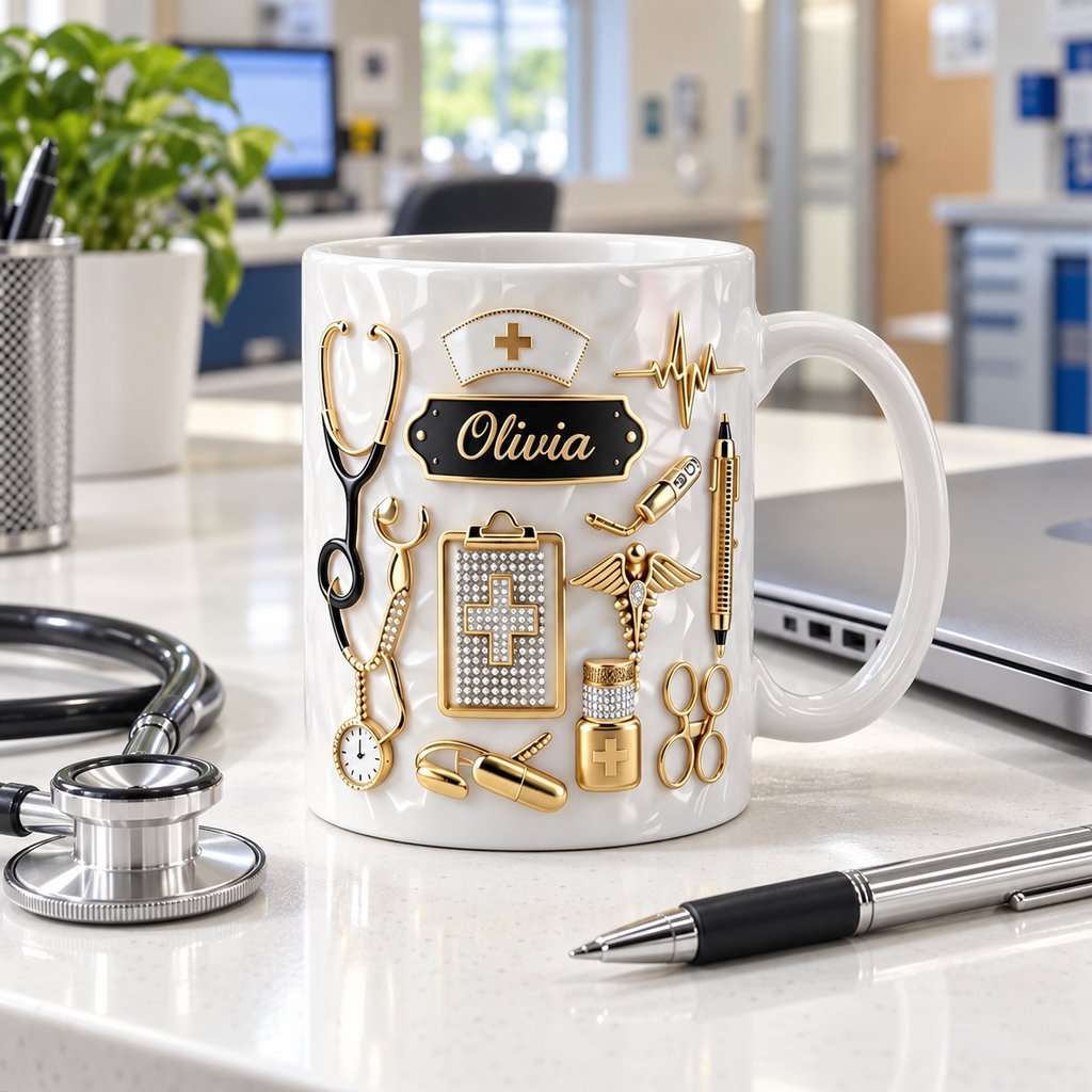 Personalized nurse ceramic mug next to stethoscope and pen showing true size